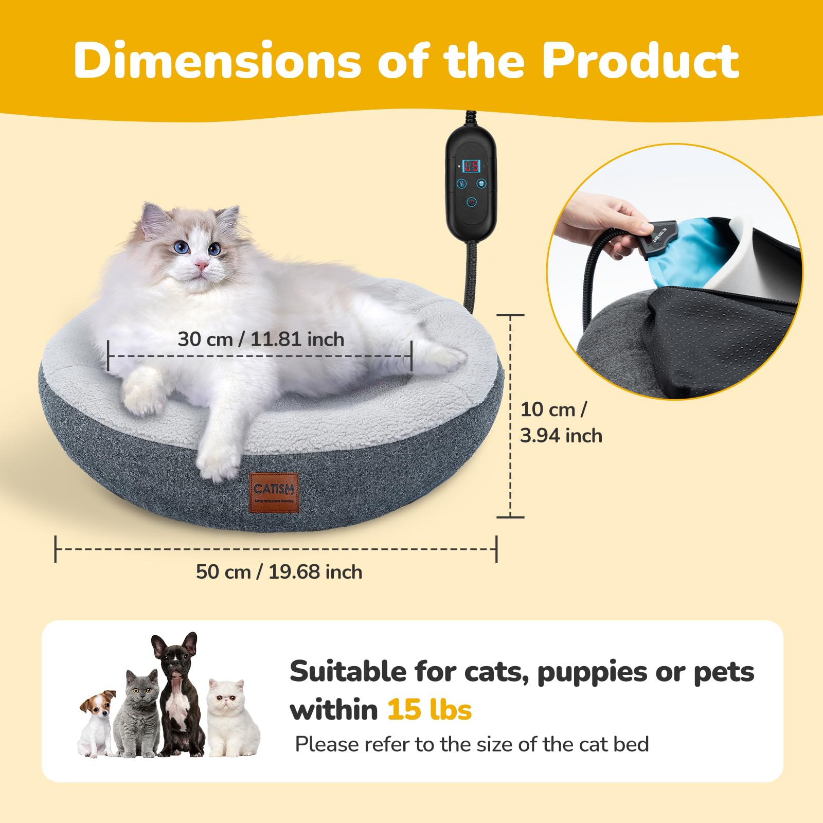 CATISM heated cat bed with removable heater for off-season storage
