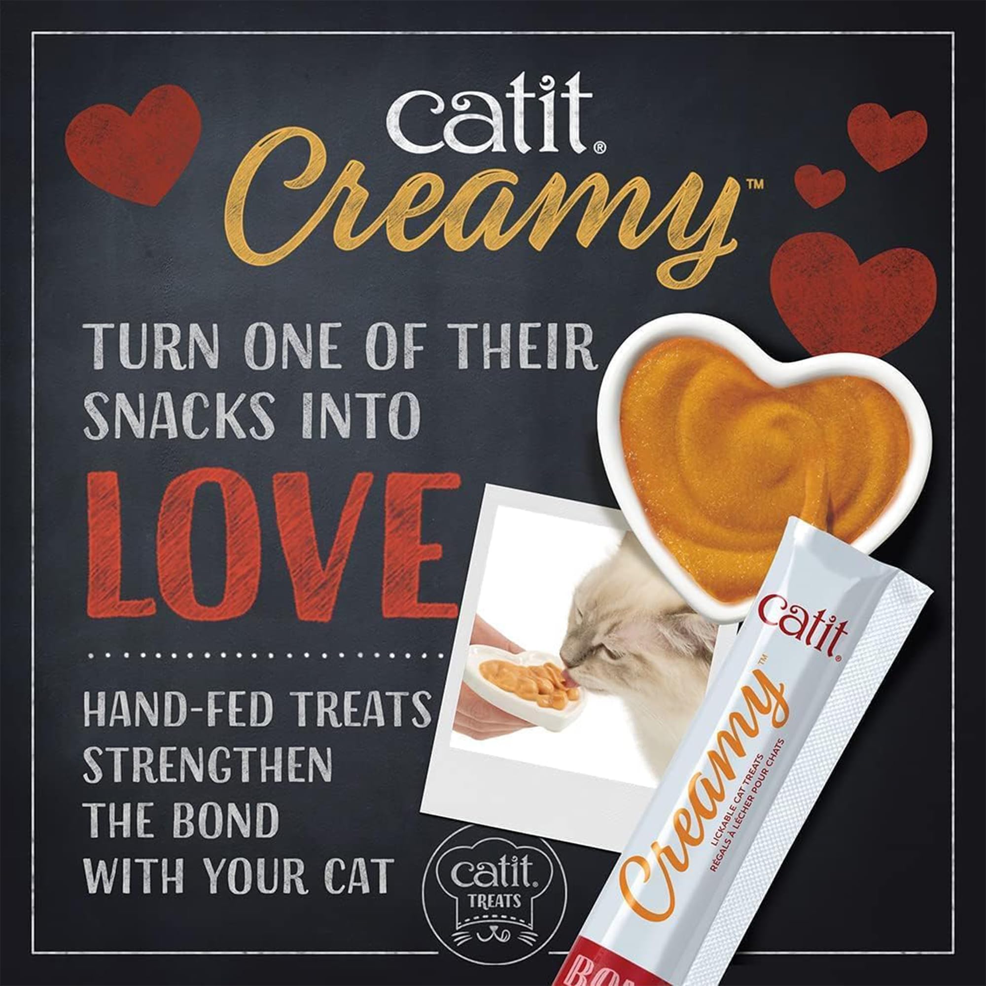 Catit Creamy Lickable Treat hand-feed scene highlights bonding and quick rewards.