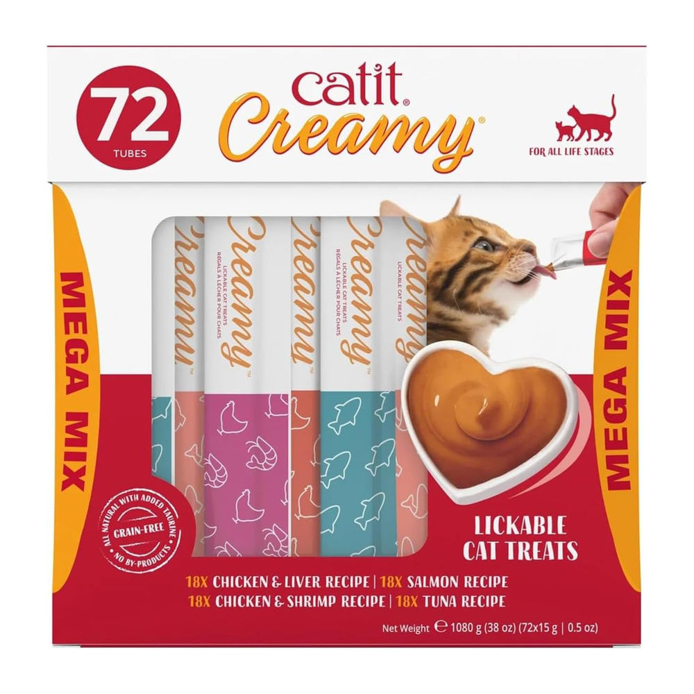 Catit Creamy Lickable Treat tube closeup showing creamy texture and hydration-friendly appeal.