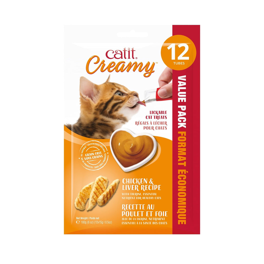 Catit Creamy packaging 72-pack display showcases bulk treat convenience.