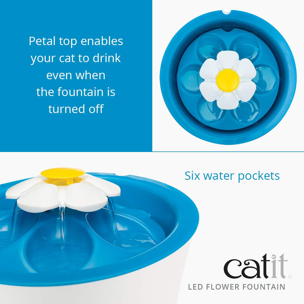 Catit LED Flower Fountain 3-liter bowl supports multi-cat hydration.