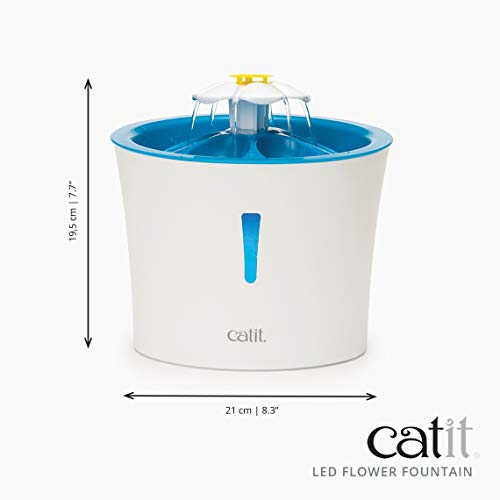 Catit LED Flower Fountain dimensions 9x8x7 inches for counter fit.