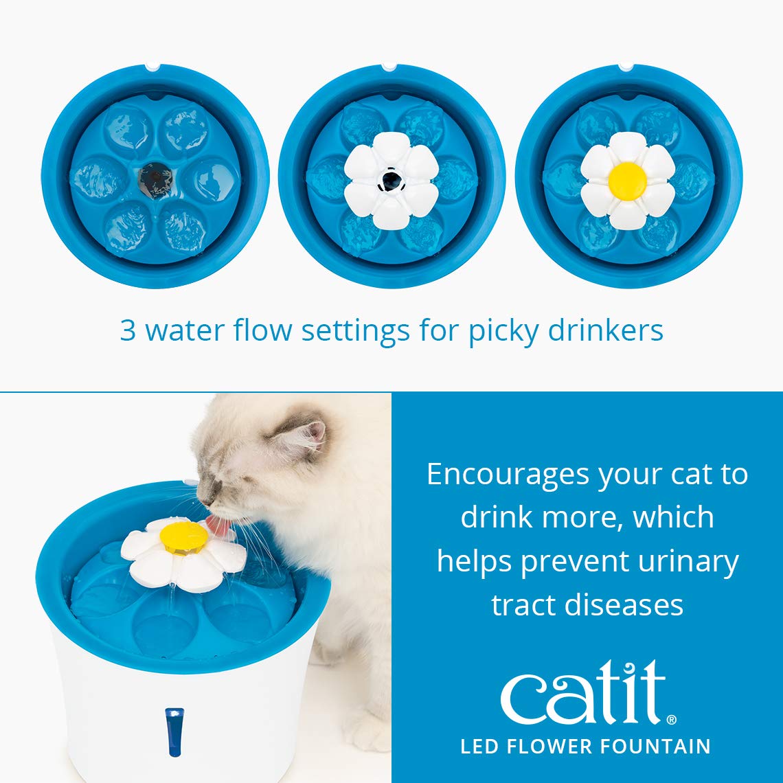 Catit LED Flower Fountain LED nightlight improves night visibility.