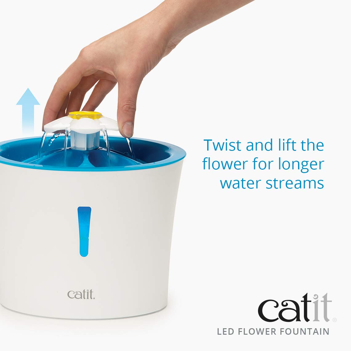 Catit LED Flower Fountain petal top enables drinking when off.
