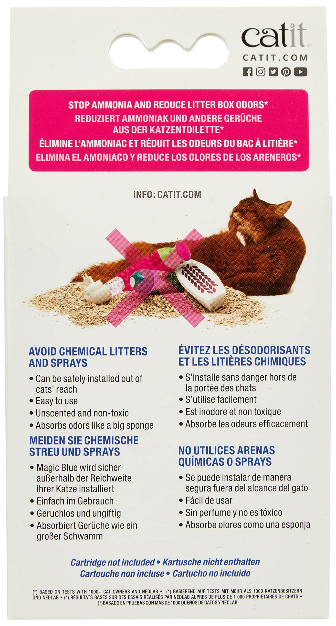 Catit Magic Blue cartridge and holder ensure easy, mess-free odor filtration.