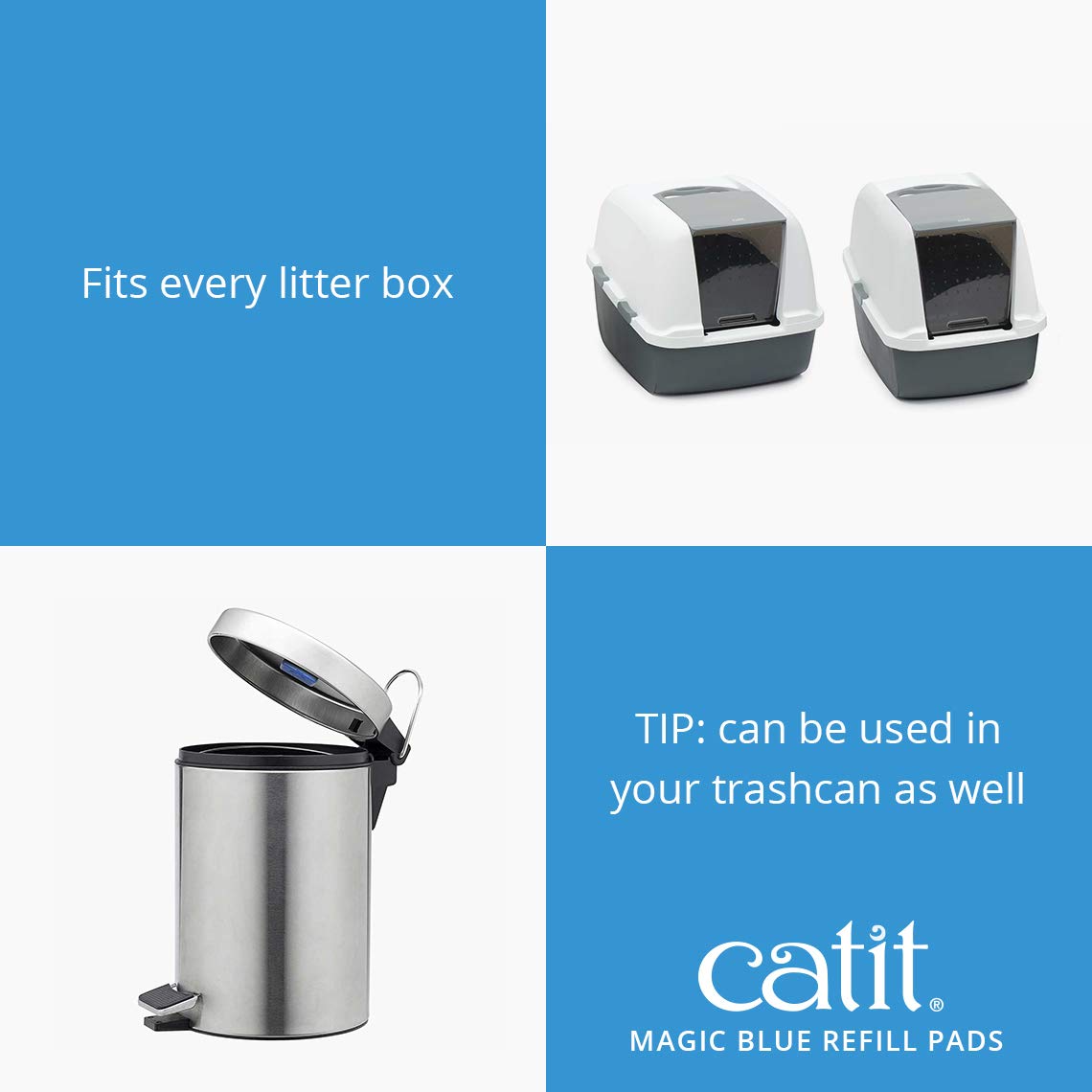 Catit Magic Blue odor-reduction graphic highlights reduced fecal odors around the box.