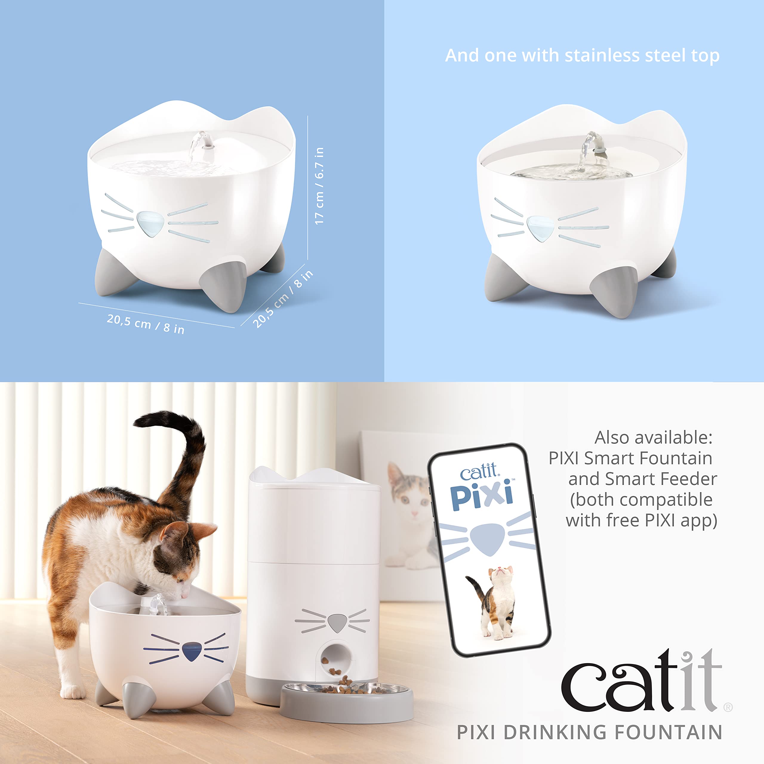 Catit PIXI pink fountain bubbling top option offers stimulating drinking experience.