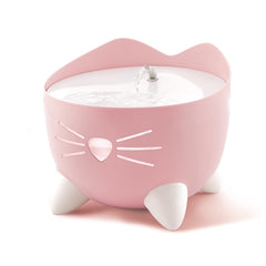 Catit PIXI pink fountain front view highlights whisker-friendly design and hydration.