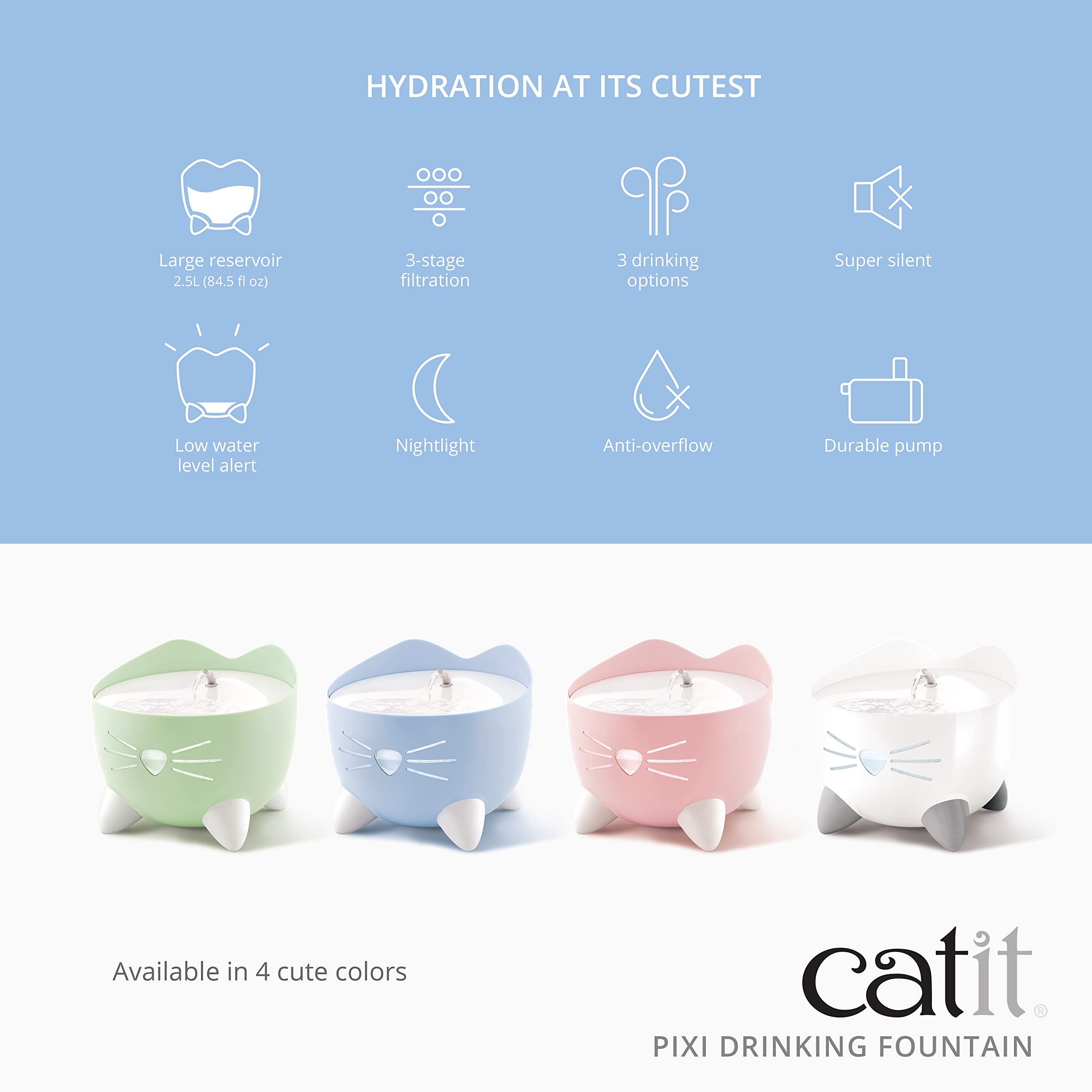 Catit PIXI pink fountain top view shows accessible drinking bowl and clean lines.