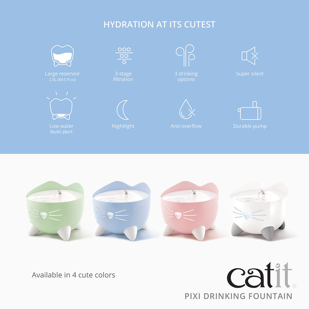Catit PIXI pink fountain top view shows accessible drinking bowl and clean lines.