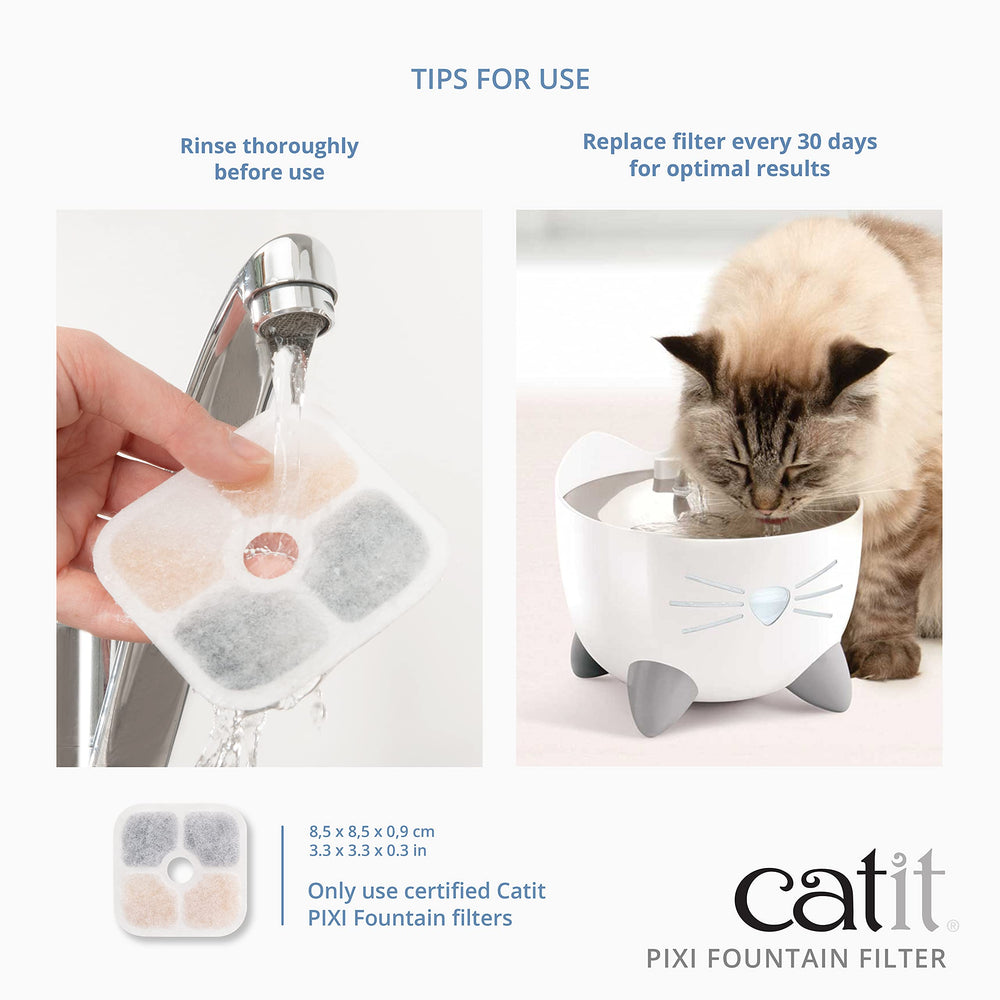 Catit PIXI fountain with filter installed for fresh-tasting water.