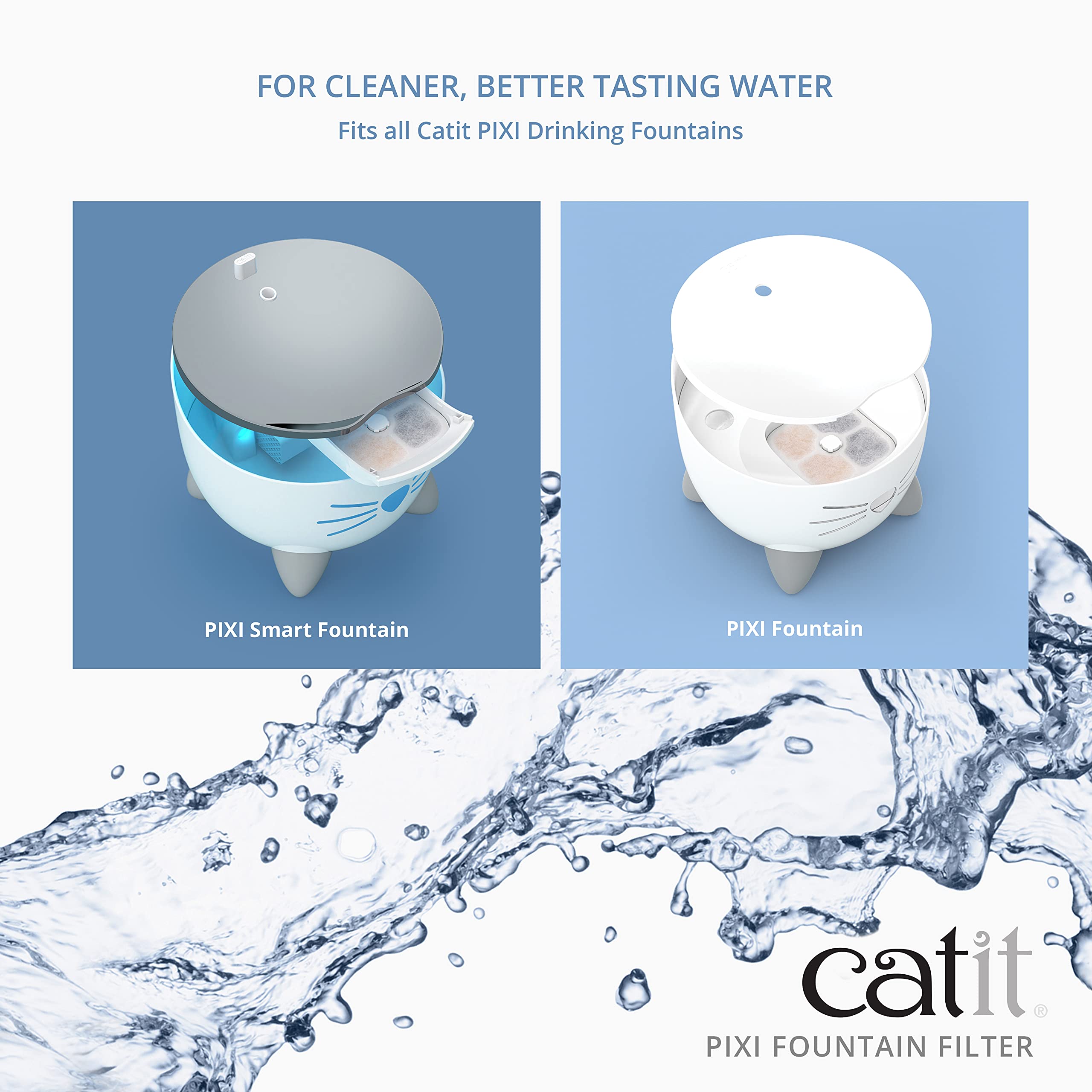 Catit PIXI triple-action filter close-up showing debris and odors removal.