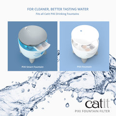 Catit PIXI triple-action filter close-up showing debris and odors removal.