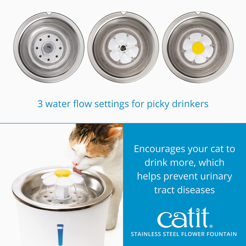 Catit Stainless Steel Flower Fountain 3L reservoir supports continuous hydration in a compact footprint.
