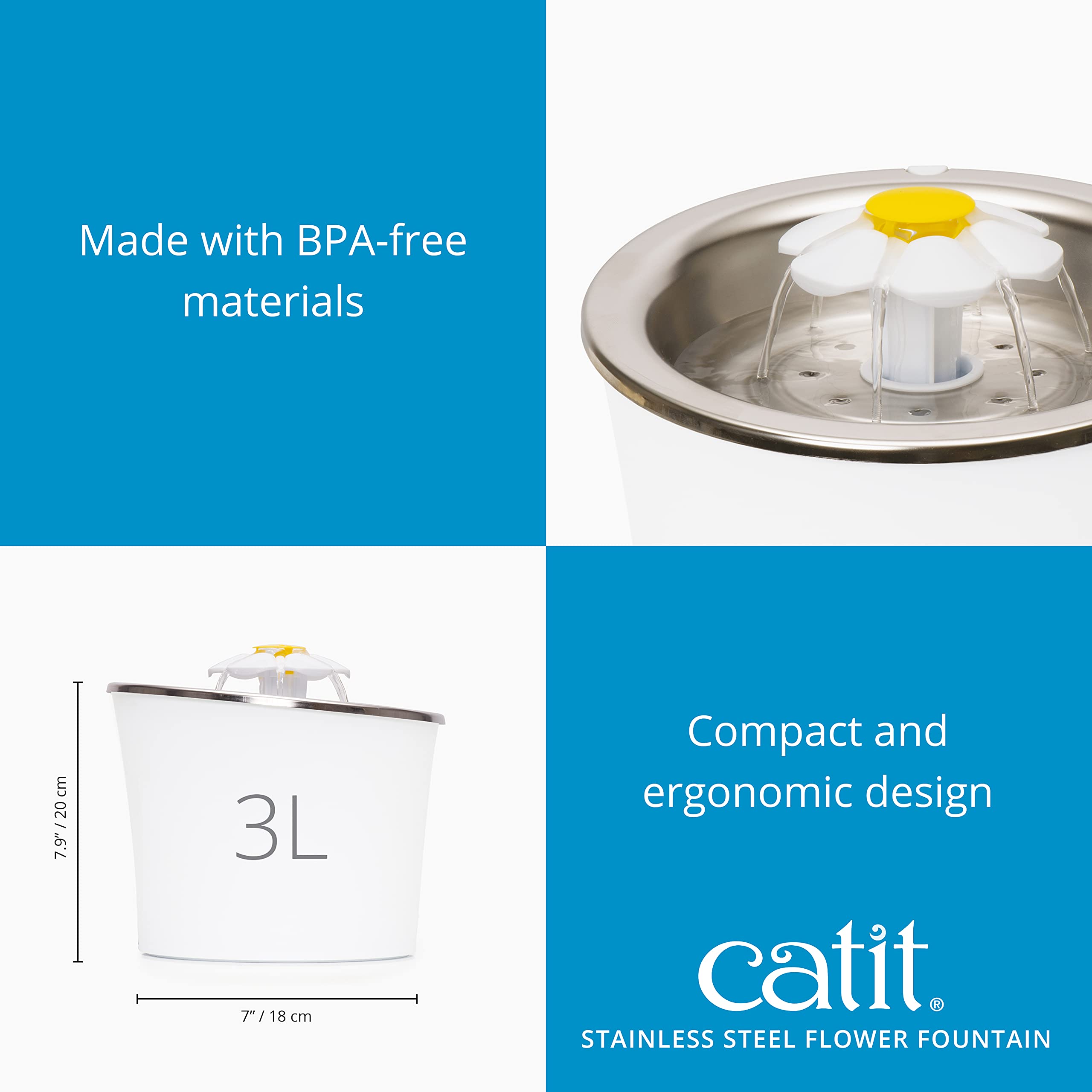 Catit Stainless Steel Flower Fountain LED water level indicator helps monitor hydration.