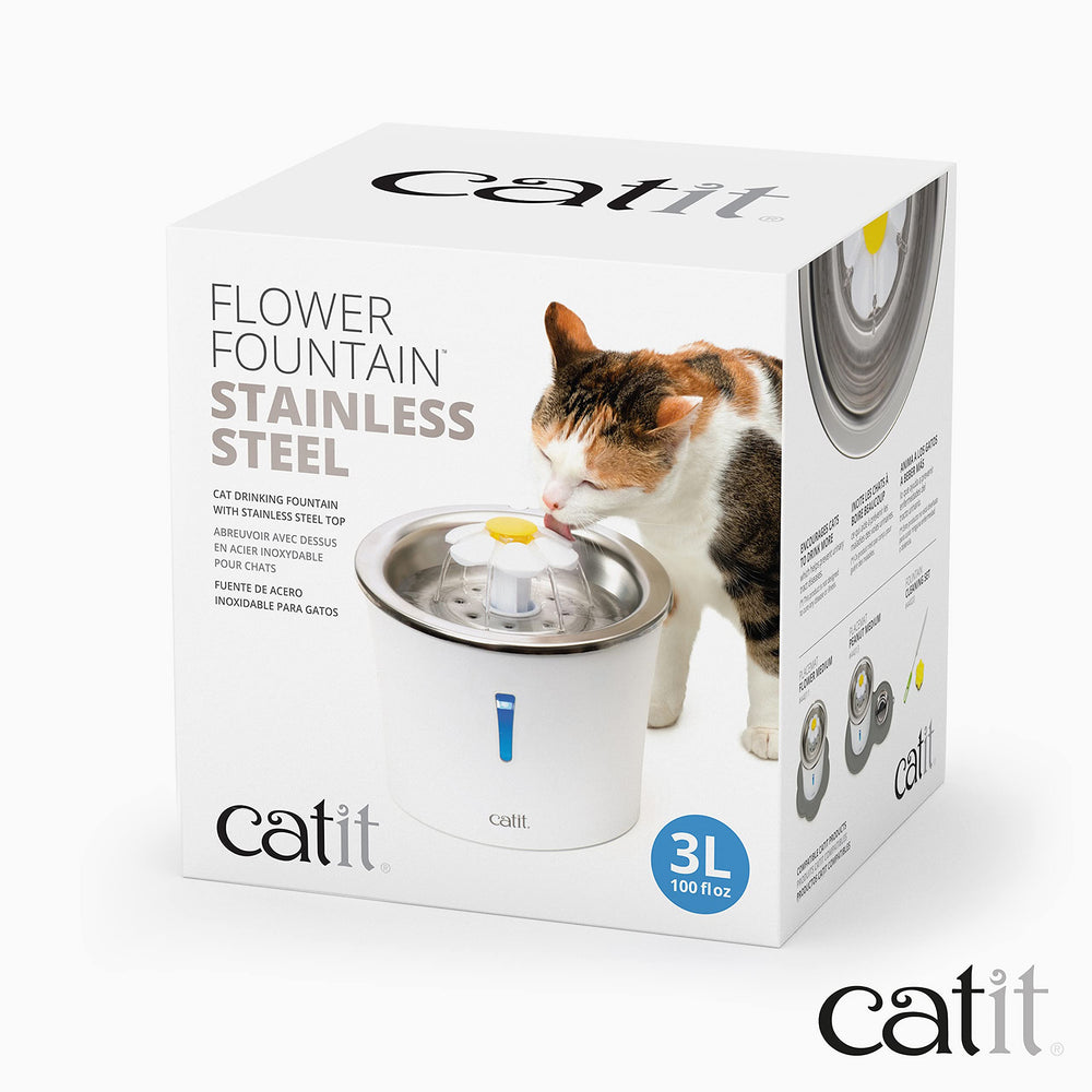 Catit Stainless Steel Flower Fountain quiet pump reduces noise for calm drinking moments.