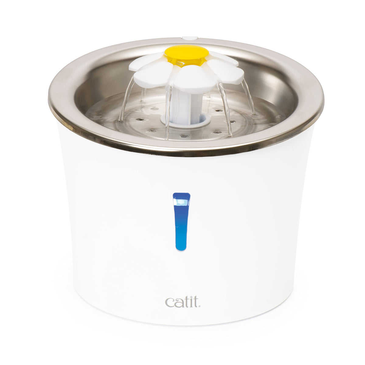 Catit Stainless Steel Flower Fountain top view highlights elegant design and hydration potential.