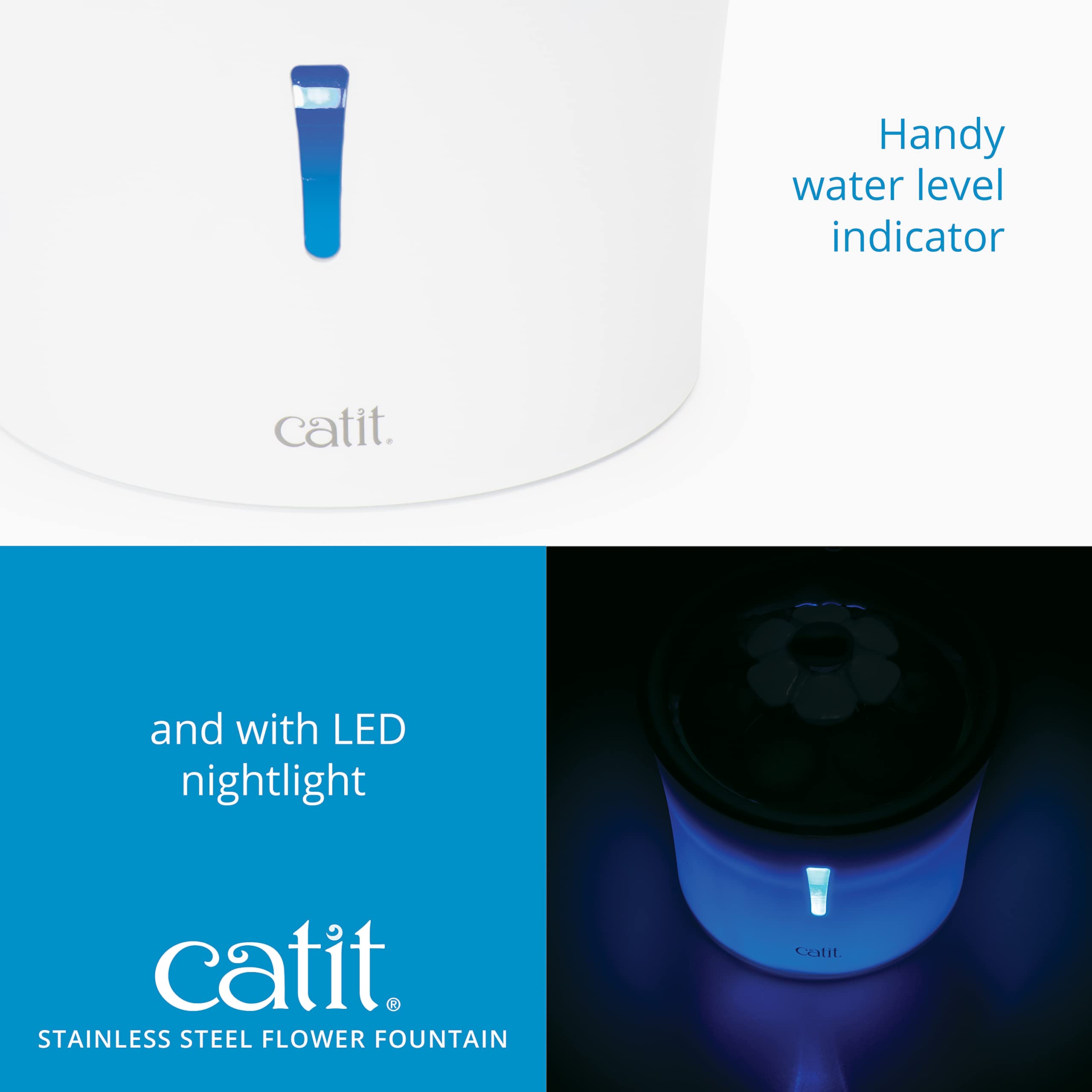 Catit stainless steel fountain water flow settings help cater to picky cats.
