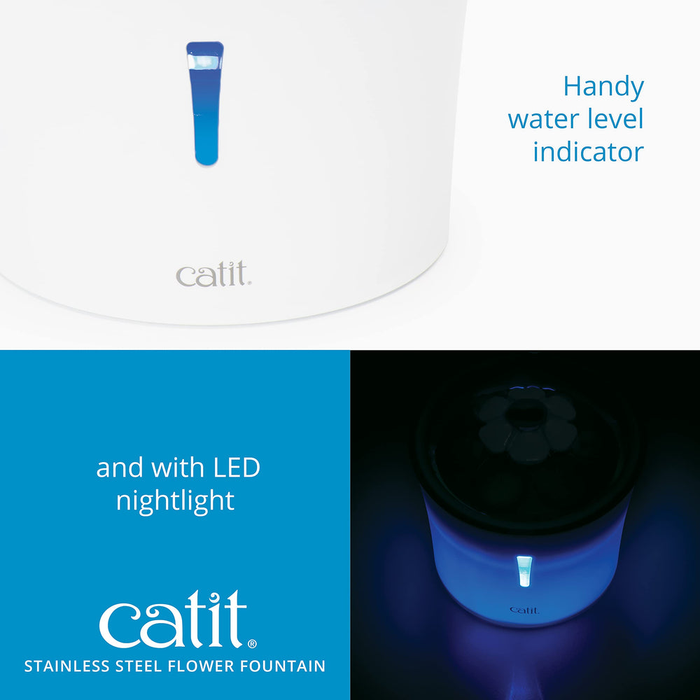 Catit stainless steel fountain water flow settings help cater to picky cats.