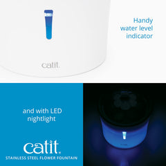 Catit stainless steel fountain water flow settings help cater to picky cats.