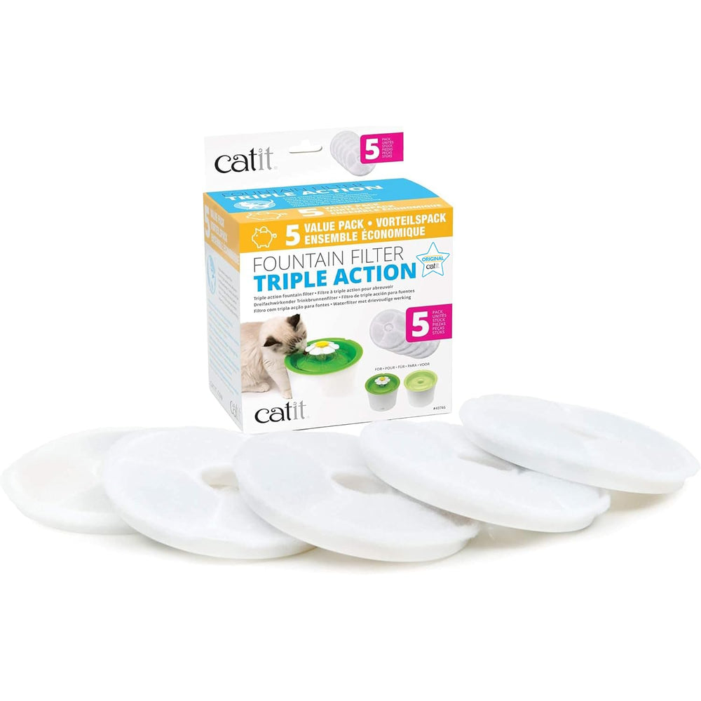 Catit triple-action replacement filters 5-pack packaging keeps fountain fresh and odor-free.