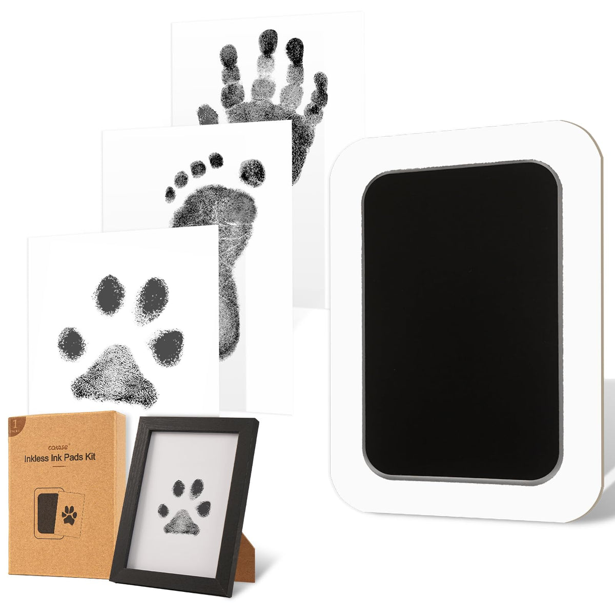 Catose inkless paw print kit shows a dog nose print ready for keepsake framing.