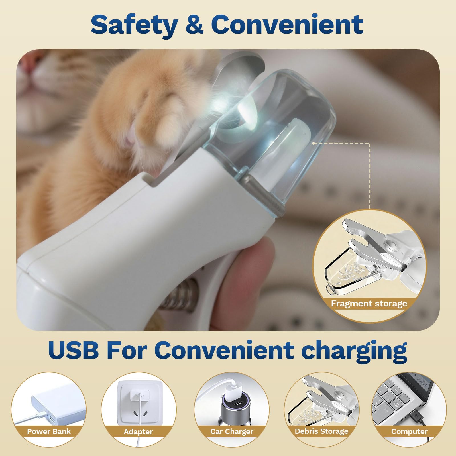 Catpick Care ultra-quiet operation keeps pets calm during trimming.