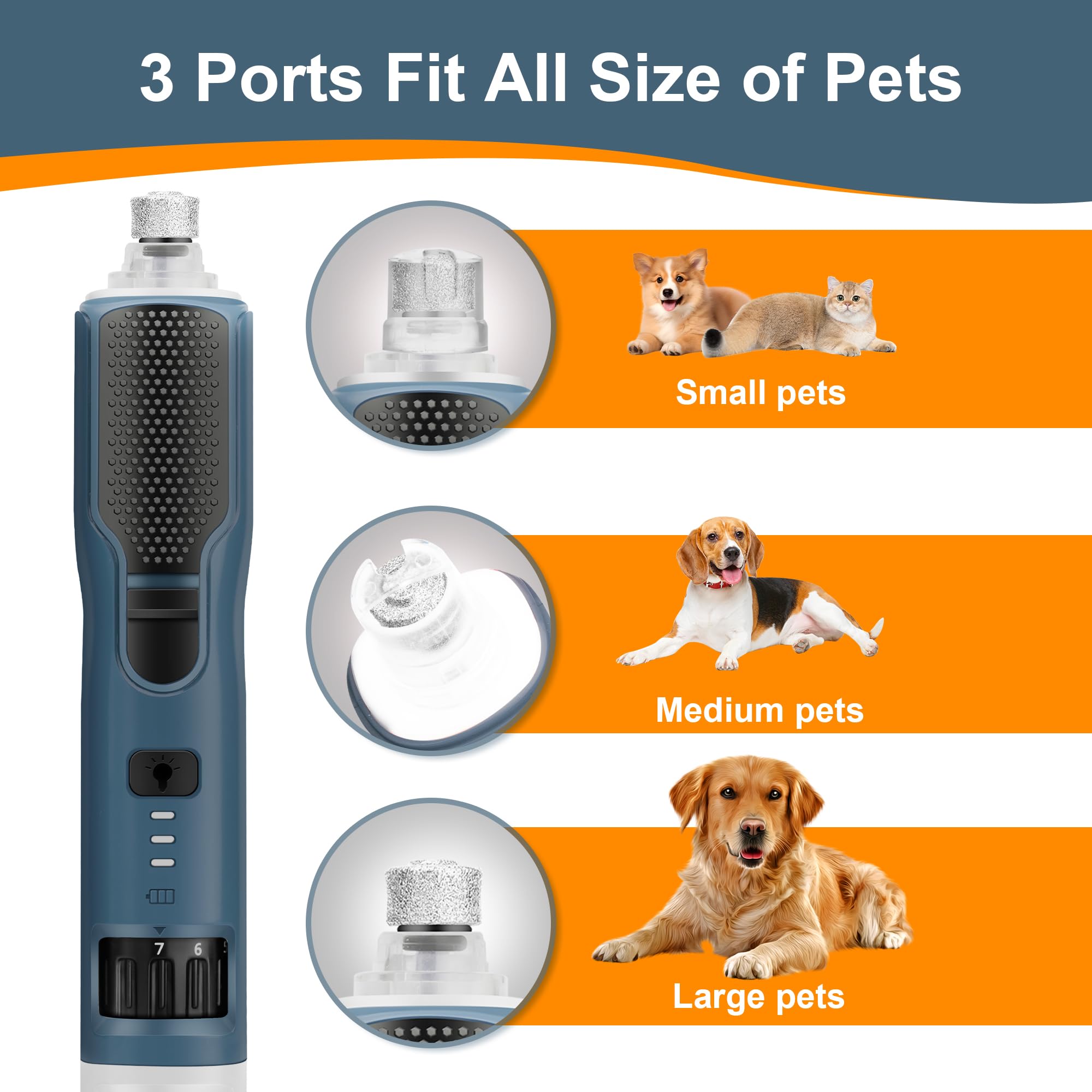 CATPICK dog nail grinder three-port design fits small to large nails.