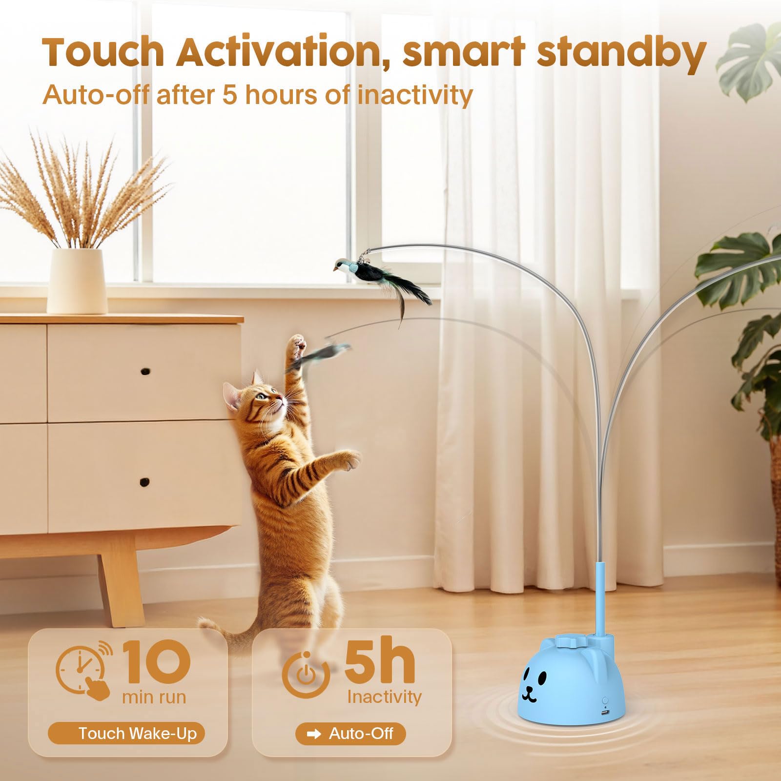 Catpick Joy usb-rechargeable powers quiet, cordless sessions for apartments and homes.