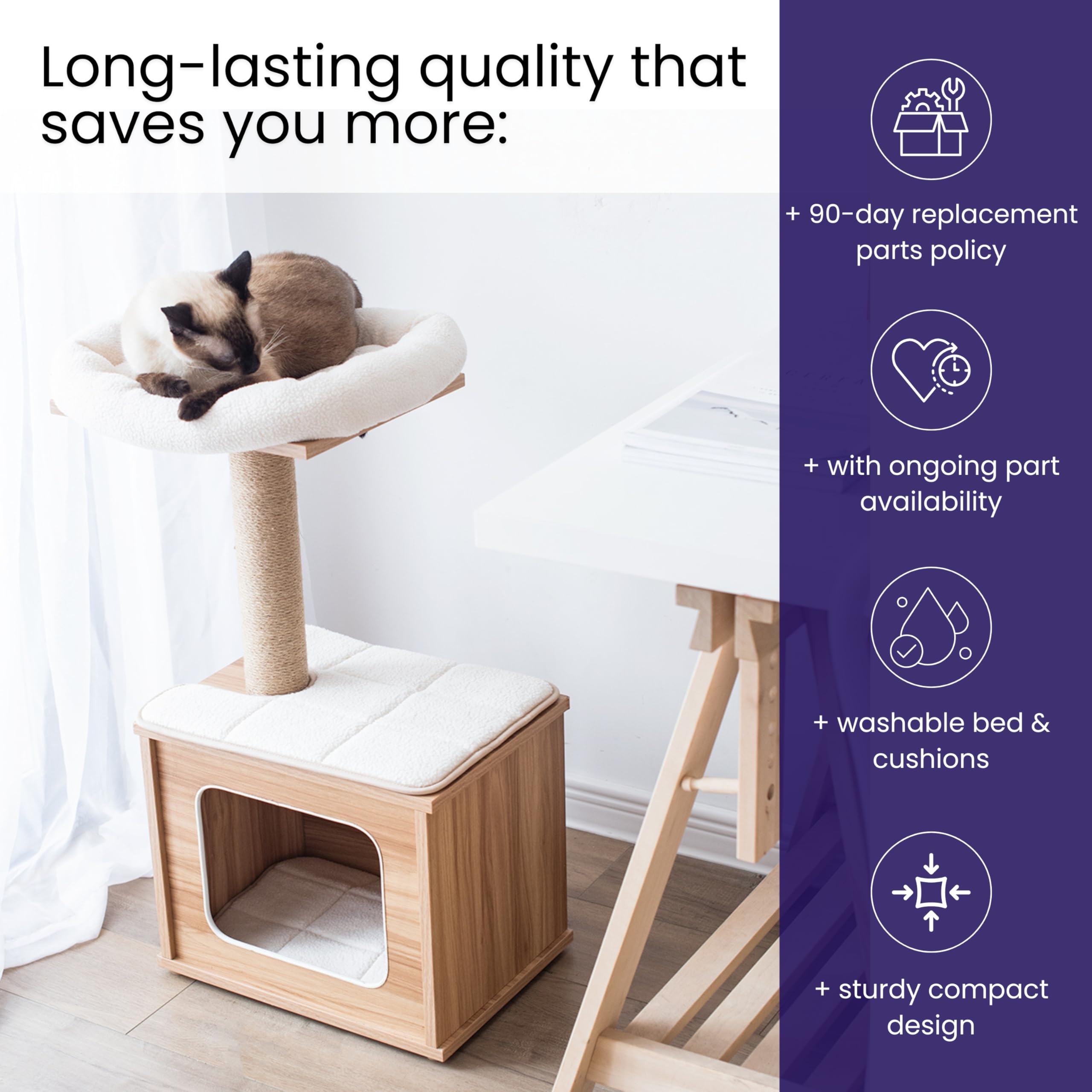 Catry cat-tree easy assembly highlights quick setup.