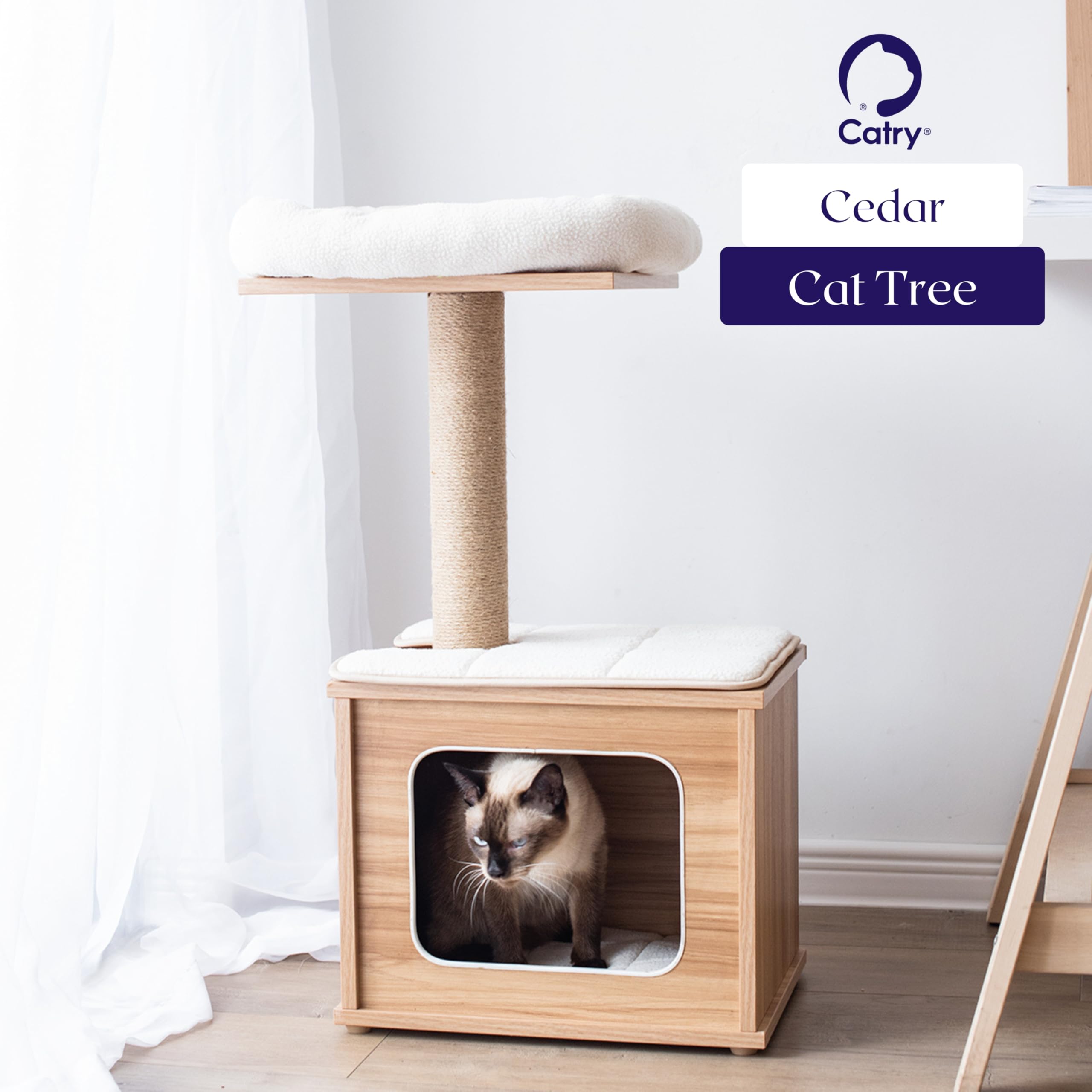 Catry cat-tree in brown finish for cozy living spaces.