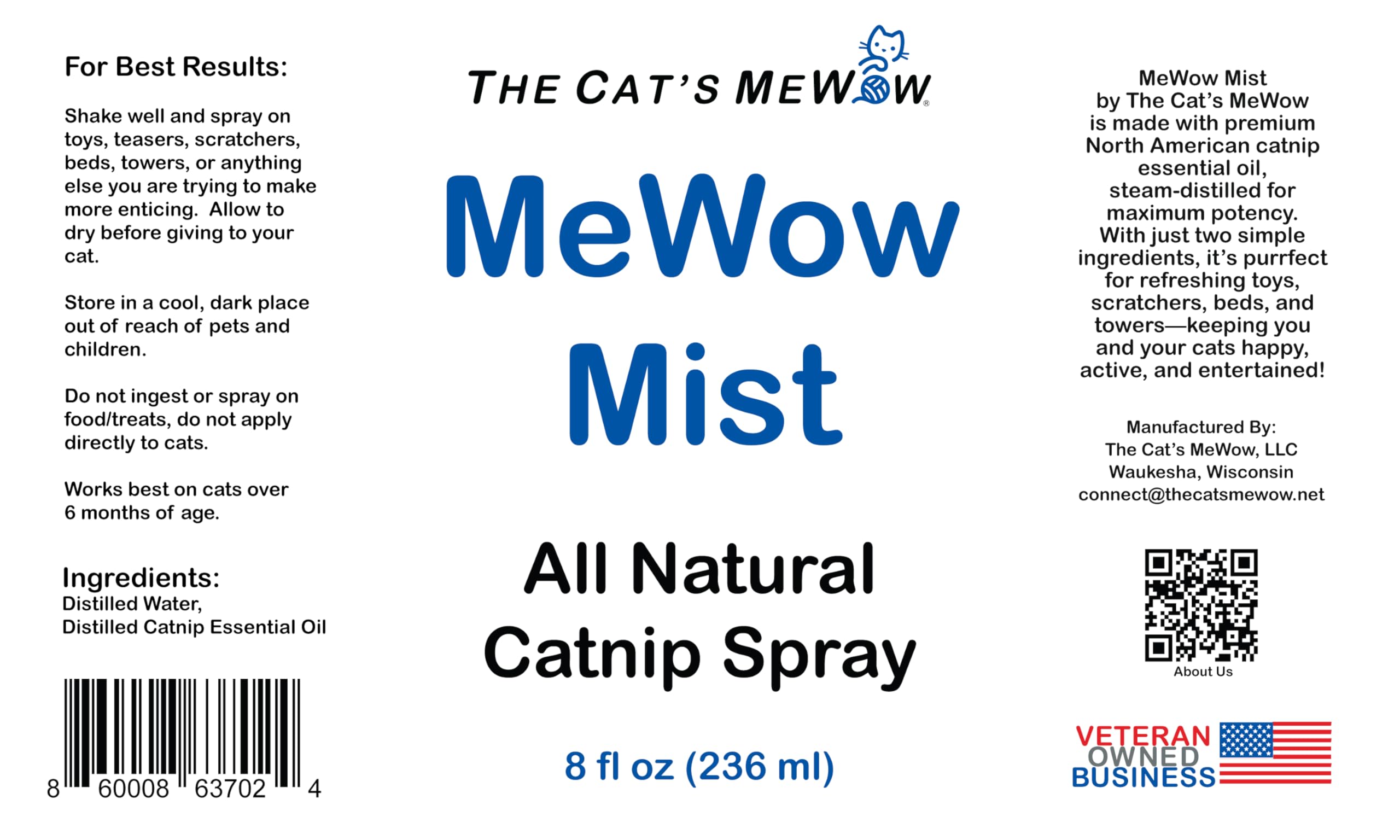 MeWow Mist packaging emphasizes veteran-owned brand and shelter-donation program.
