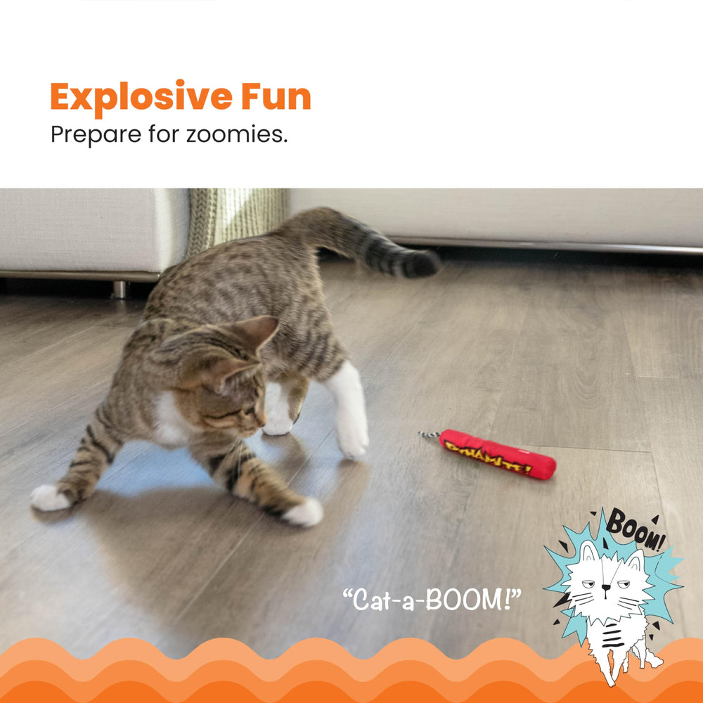 Catstages Green Magic Dynamite Stick catnip toy in batting action supports playful hunting instincts.