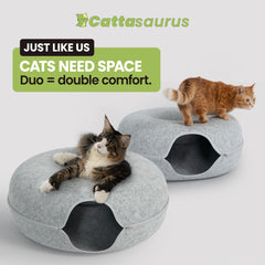 Cattasaurus cat donut bed side view demonstrates dual-layer comfort for lounging