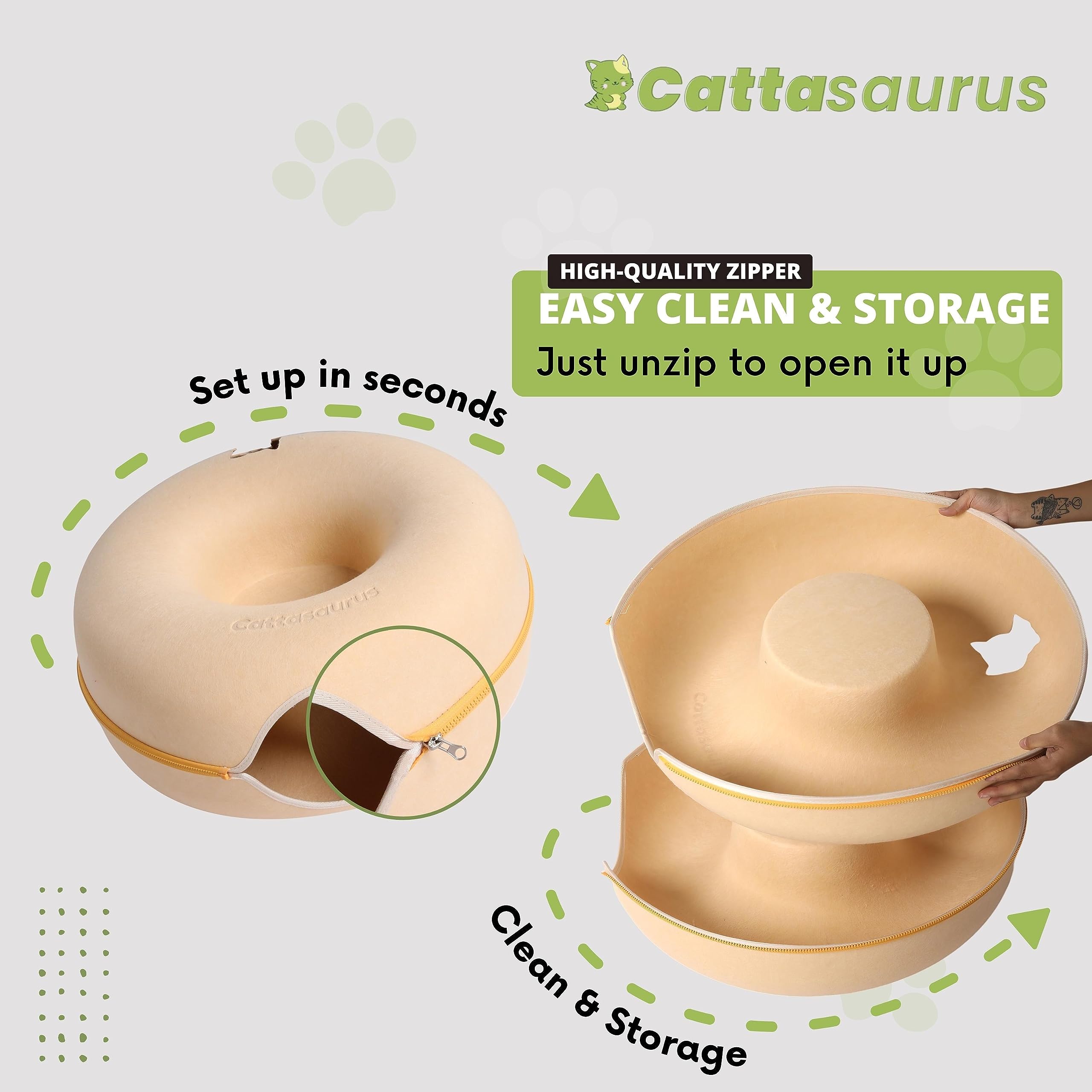 Cattasaurus Peekaboo cat cave 3-in-1 design showcases donut bed and tunnel for versatile use.