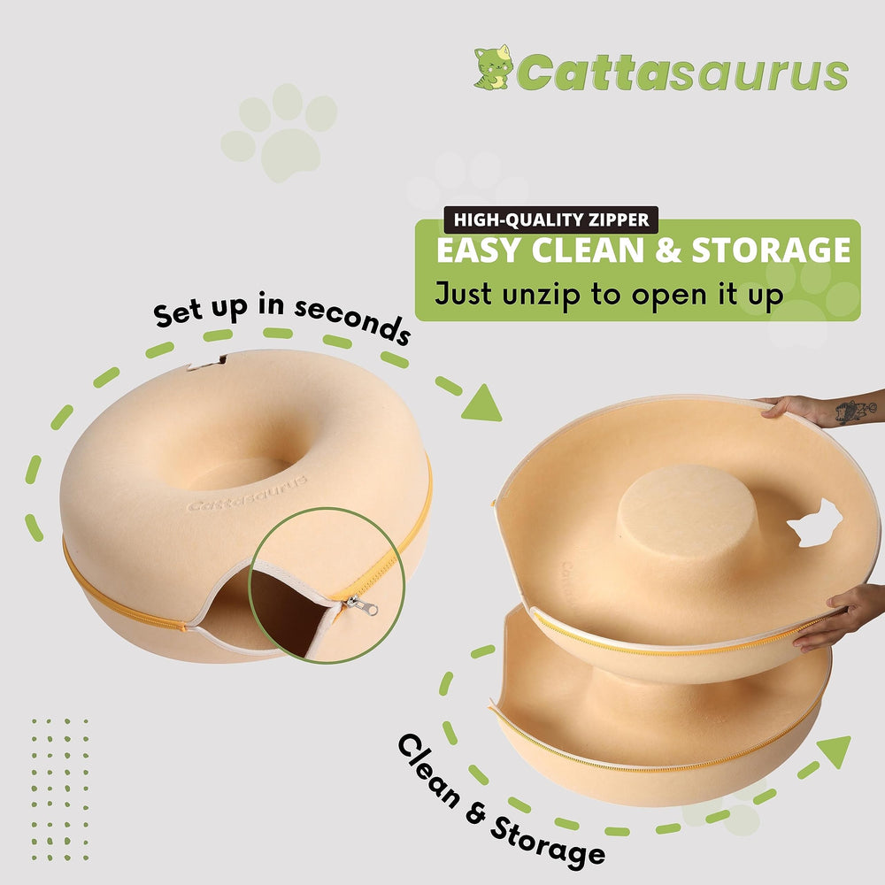 Cattasaurus Peekaboo cat cave 3-in-1 design showcases donut bed and tunnel for versatile use.