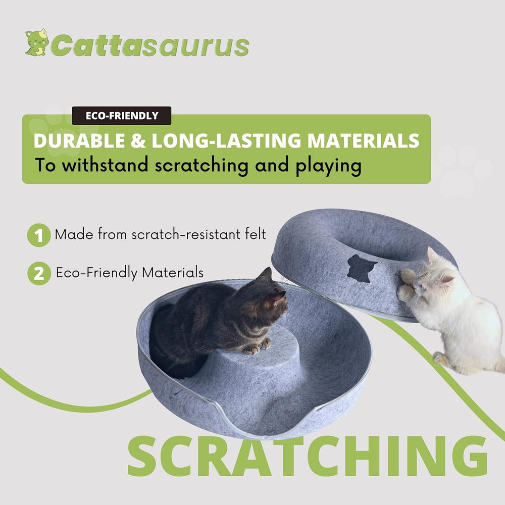 Cattasaurus Peekaboo Cat Cave 3-in-1 design with bed and tunnel.