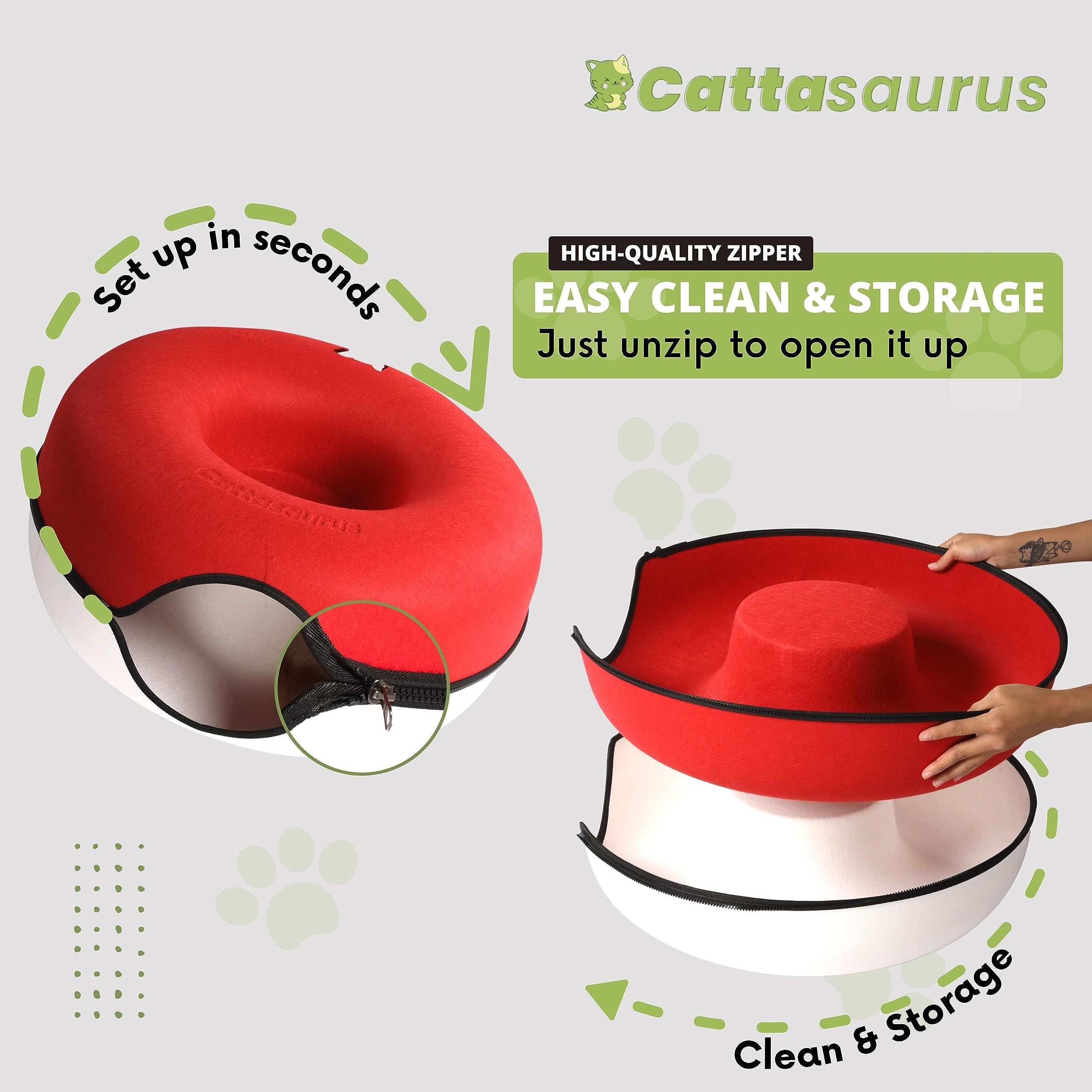 Cattasaurus Peekaboo cat cave detachable tunnel bed simplifies cleaning and maintenance.