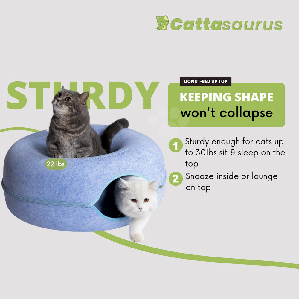 Cattasaurus Peekaboo cat cave detachable tunnel enables easy cleaning.