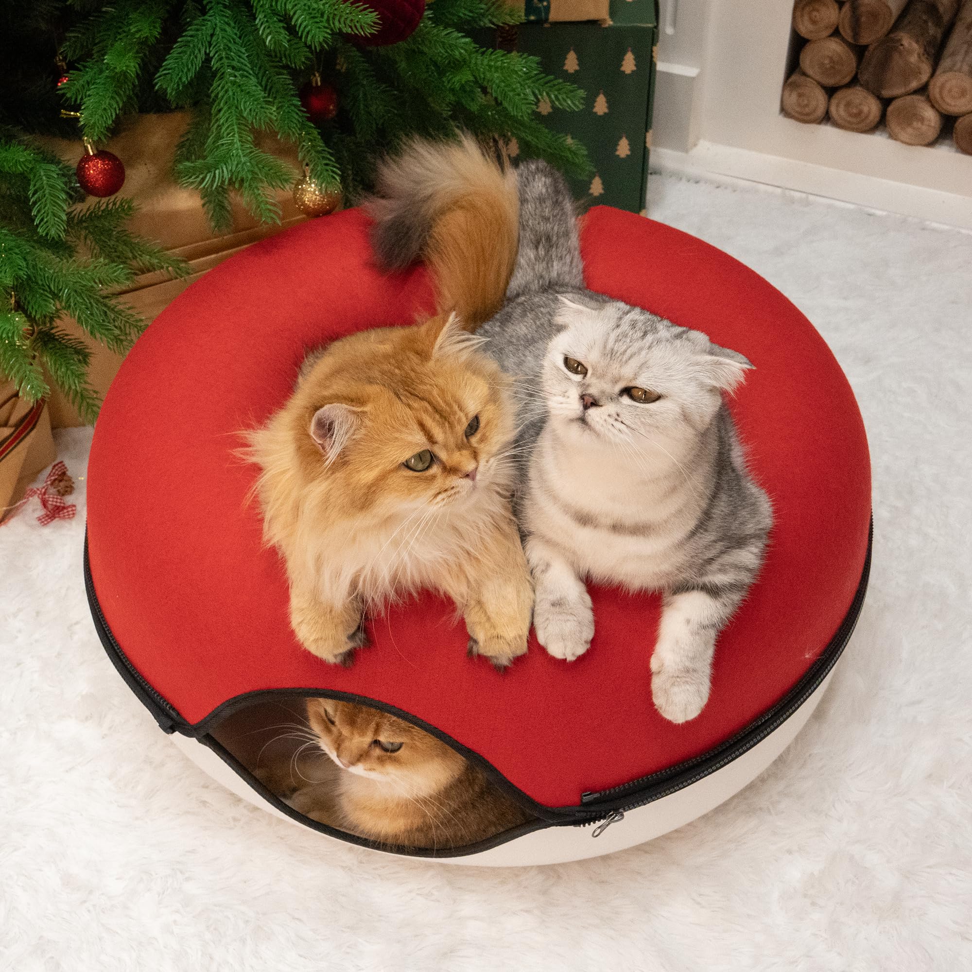 Cattasaurus Peekaboo cat cave donut bed interior view highlights cozy resting space.