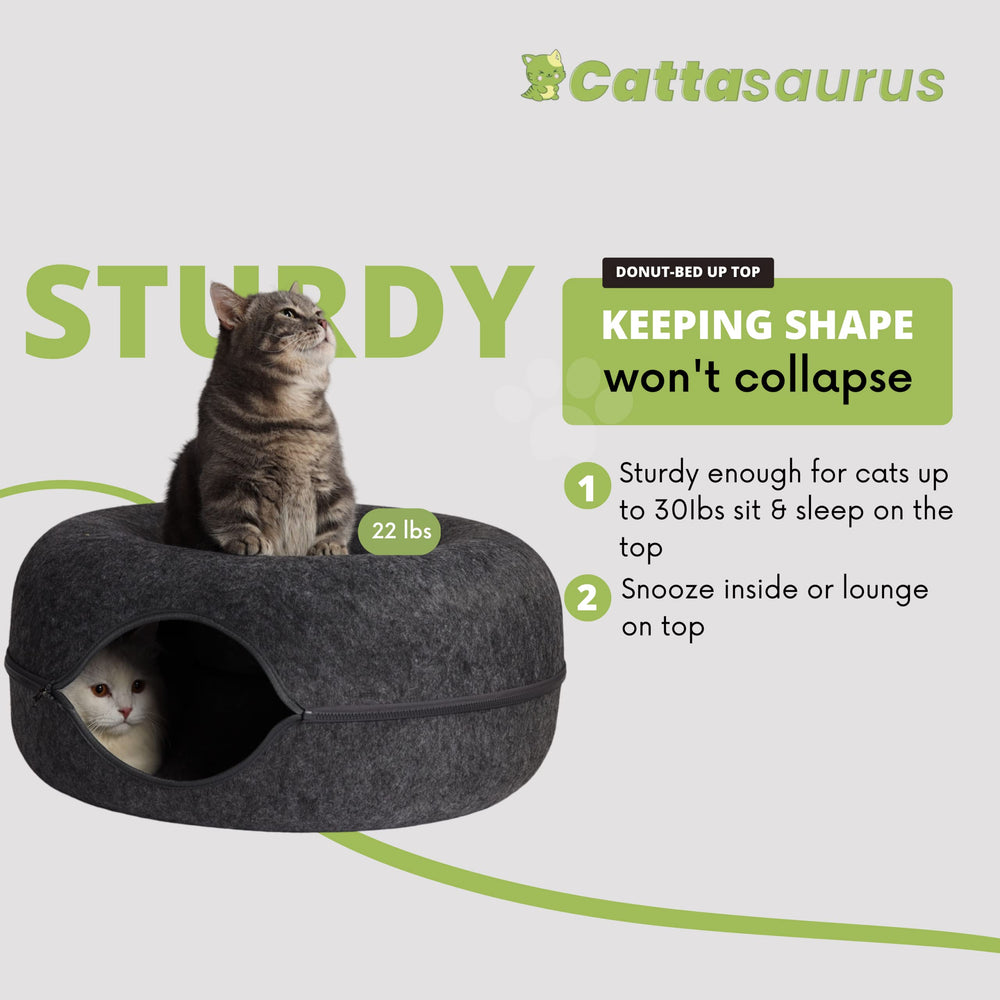 Cattasaurus Peekaboo cat cave dark gray donut bed side view for modern decor.