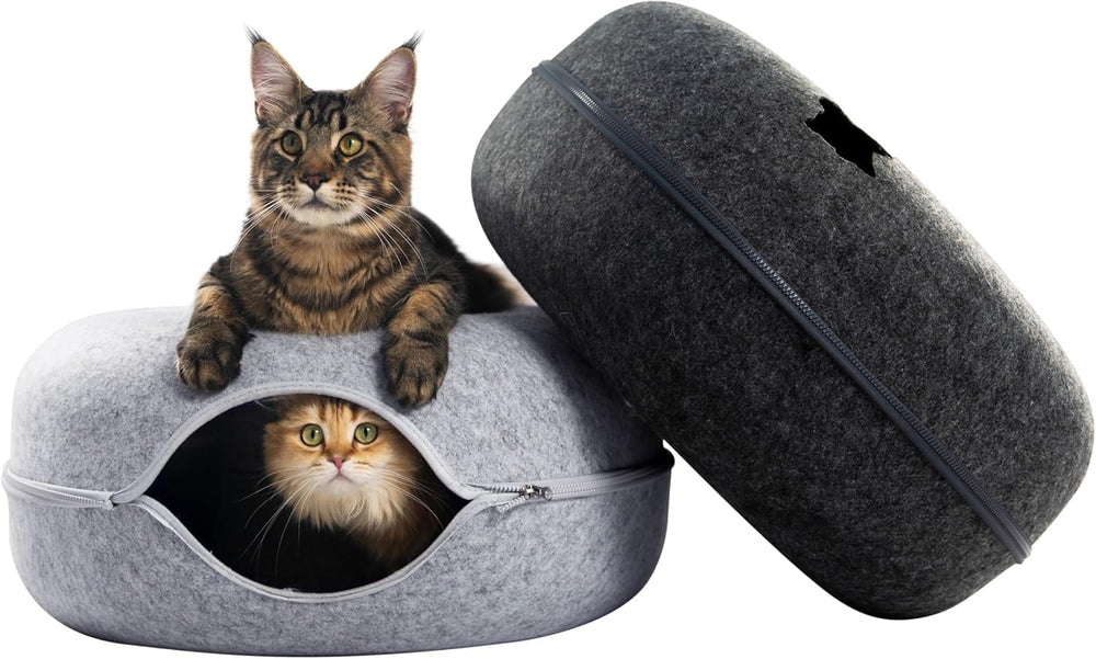 Cattasaurus Peekaboo cat cave donut top view in light gray for spacious multi-cat lounging
