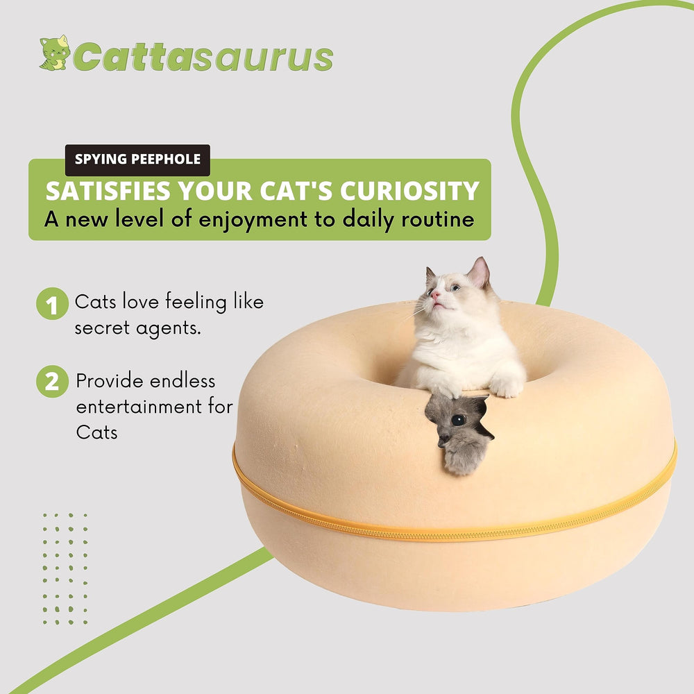 Cattasaurus Peekaboo cat cave large-cat ready setup supports bigger feline comfort.