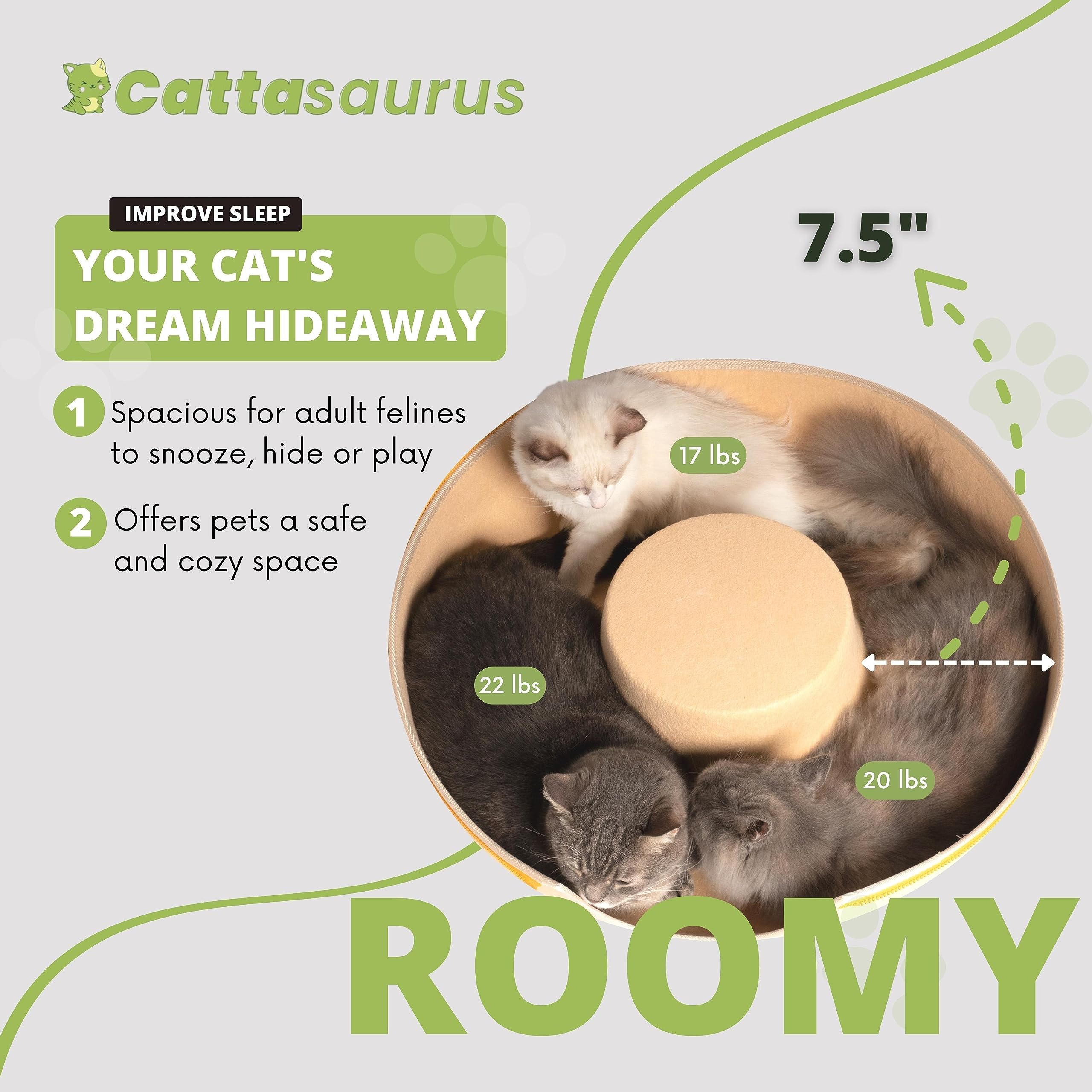 Cattasaurus Peekaboo cat cave peephole window view encourages curious observation and bonding.