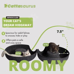 Cattasaurus Peekaboo cat cave roomy space for multiple pets in shared living areas.