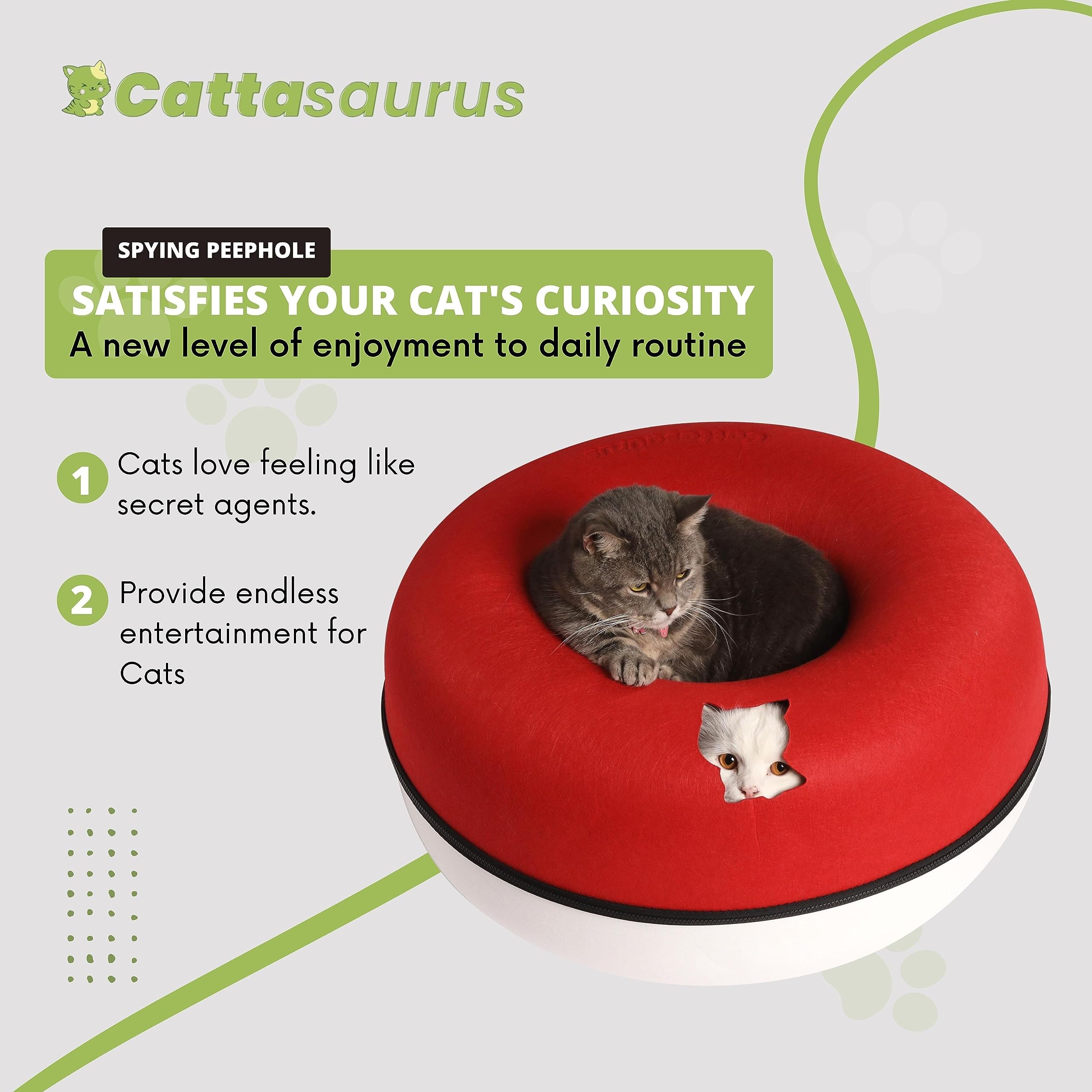 Cattasaurus Peekaboo cat cave storage recess adds handy organization space.
