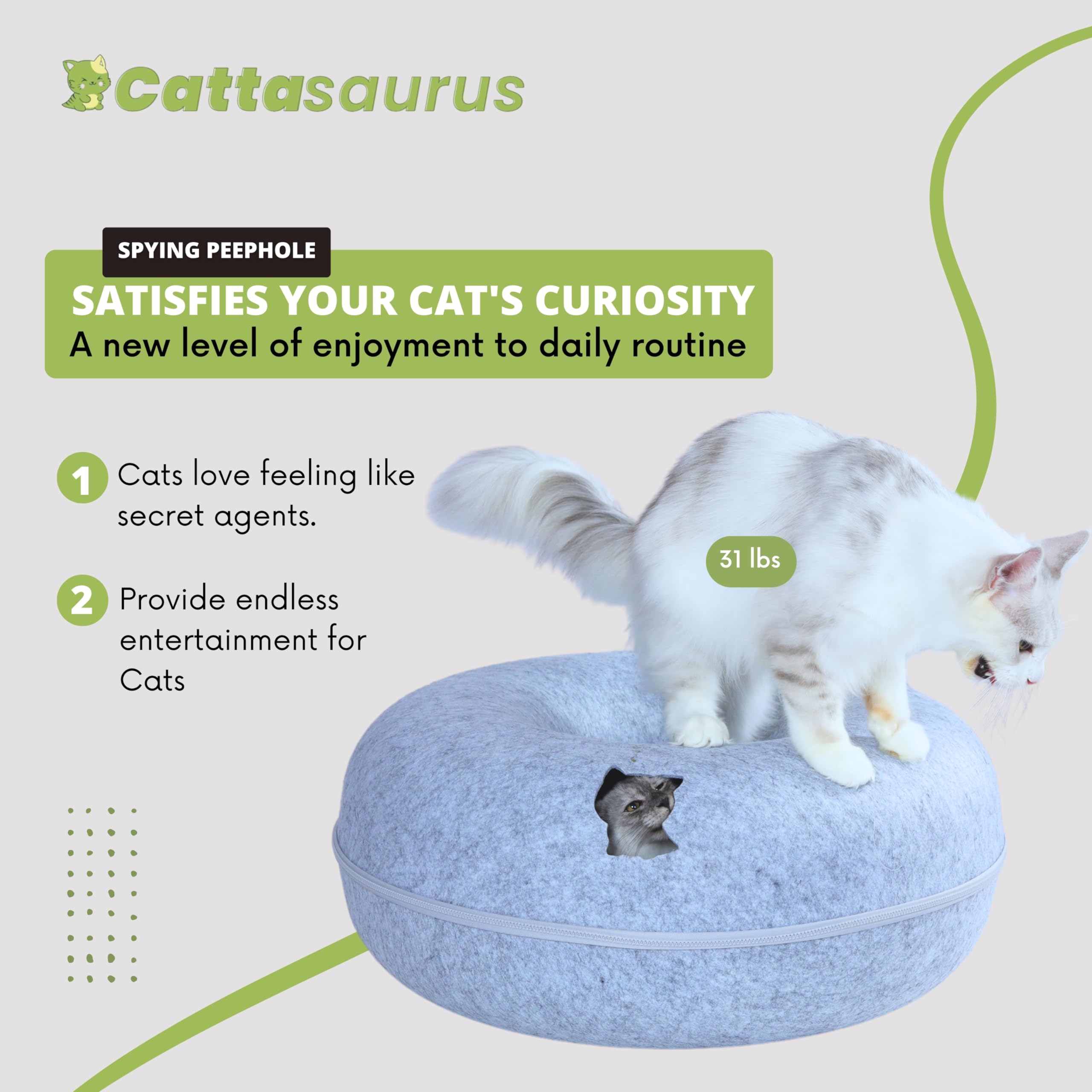 Cattasaurus Peekaboo Cat Cave storage recess keeps toys organized.
