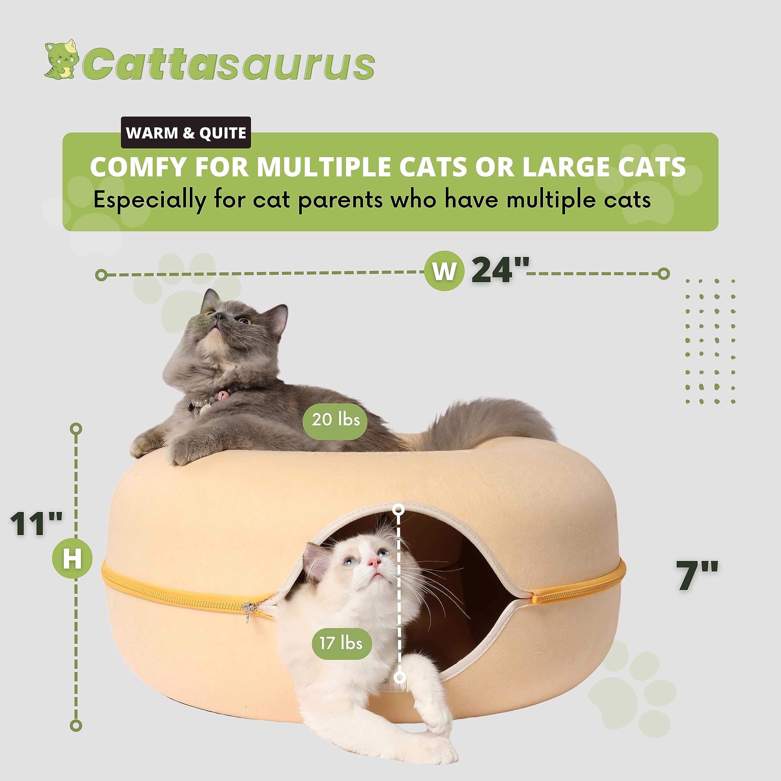 Cattasaurus Peekaboo cat cave tunnel bed close-up highlights safe scratching and interactive play.