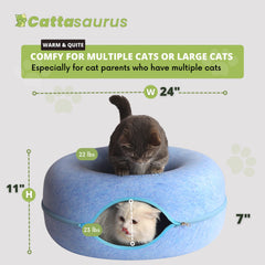 Cattasaurus Peekaboo cat cave tunnel bed interior provides spacious lounging for larger cats.