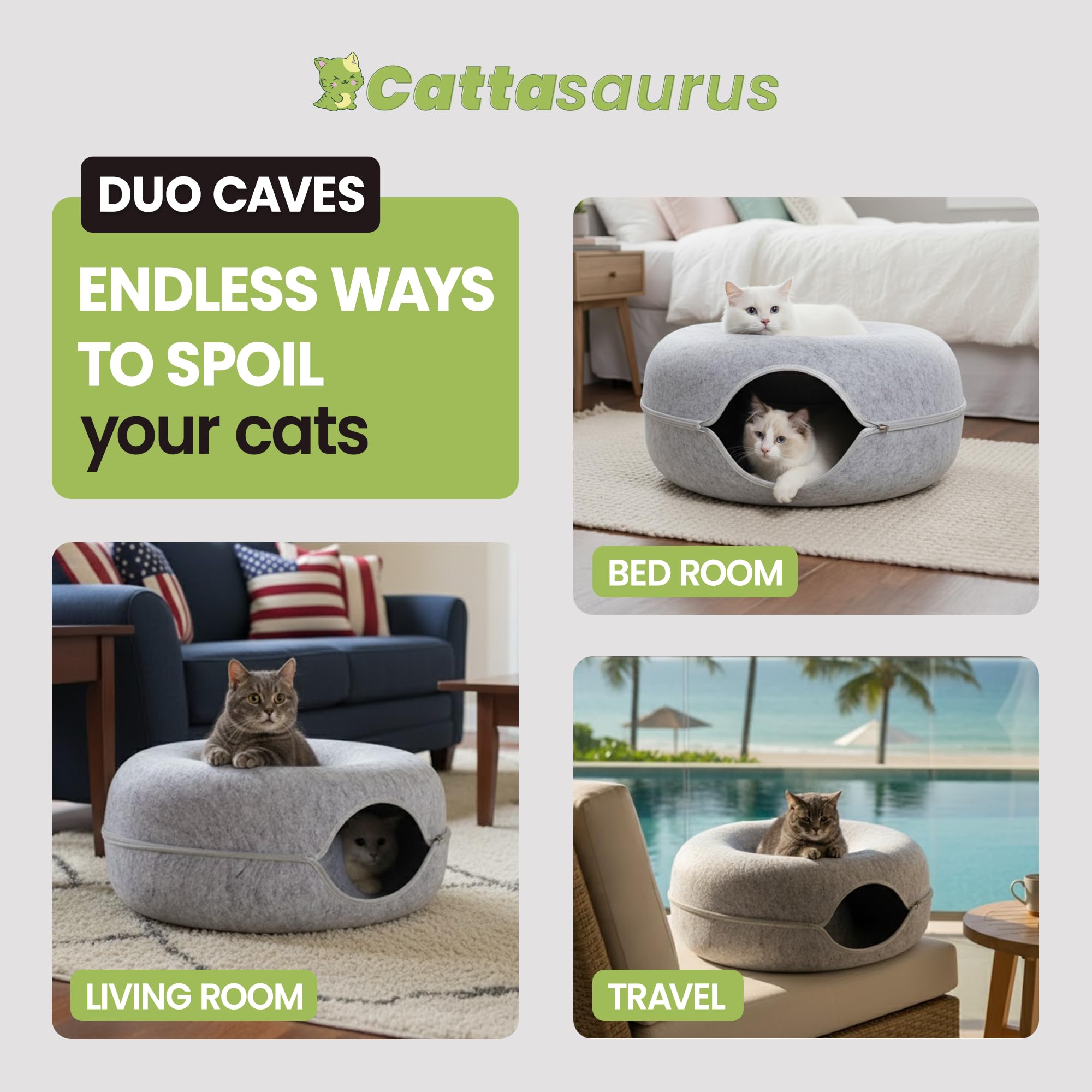 Cattasaurus Peekaboo cat cave tunnel side angle highlights interactive play and cozy retreat